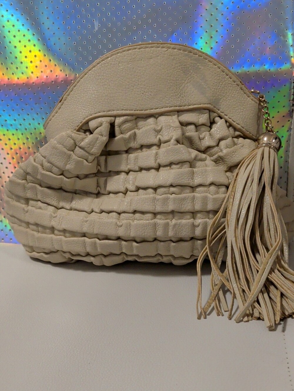 Neutral Ruffled Tassel Cosmetic Pouch